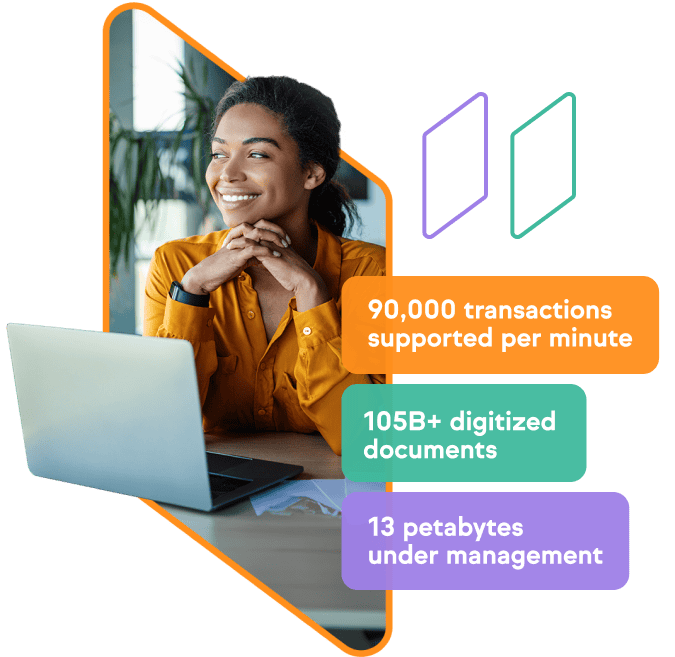 Viewpointe home page hero image of woman sitting at a desk with her laptop open in front of her and looking off to the side smiling. Plus, some call out text on Viewpointe's data: 90K transactions supported, 105 billion documents+ equal to 13 petabytes of data under management