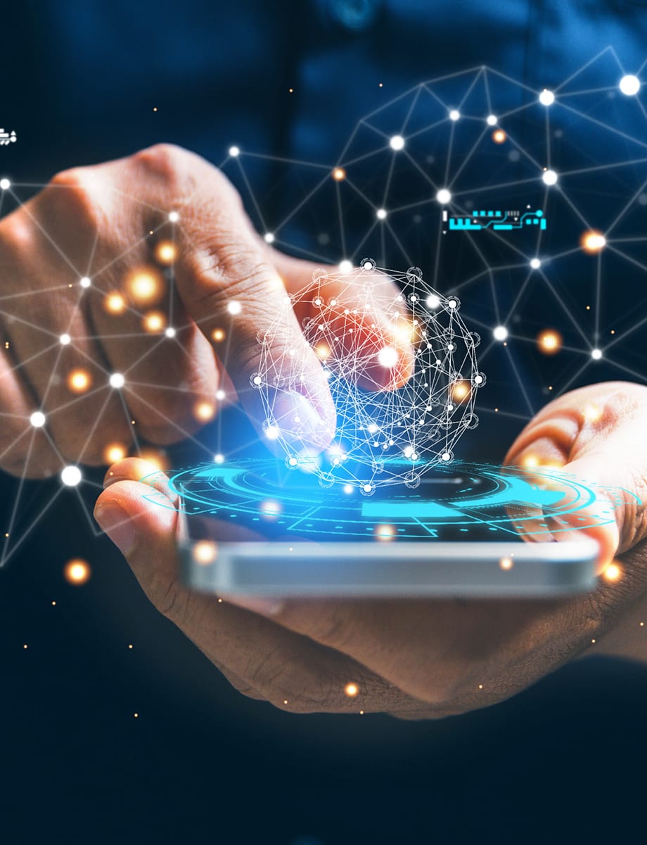 Close-up of hands interacting with a smartphone, overlaid with digital network graphics and data visualizations.