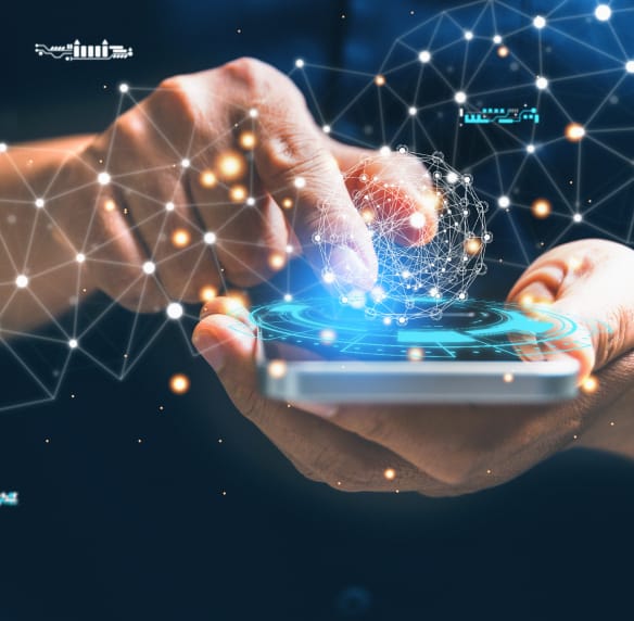 Close-up of hands interacting with a smartphone, overlaid with digital network graphics and data visualizations.
