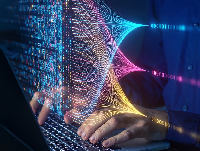 Person typing on a laptop keyboard, with colorful data streams and binary code representing digital transformation.